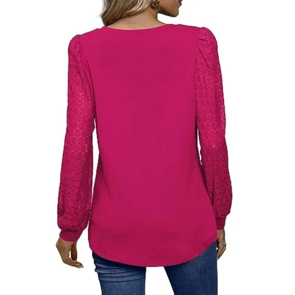 Women's Hot Pink Eyelet Lace Puffy Long Sleeve Top Size L - Picture 2 of 6